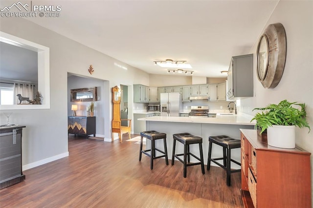 kitchen with kitchen peninsula, a kitchen bar, sink, dark wood-type flooring, and appliances with stainless steel finishes