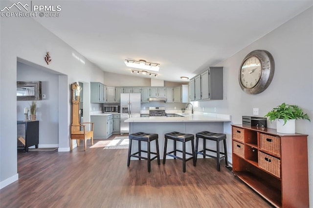 kitchen with kitchen peninsula, appliances with stainless steel finishes, a kitchen breakfast bar, lofted ceiling, and sink