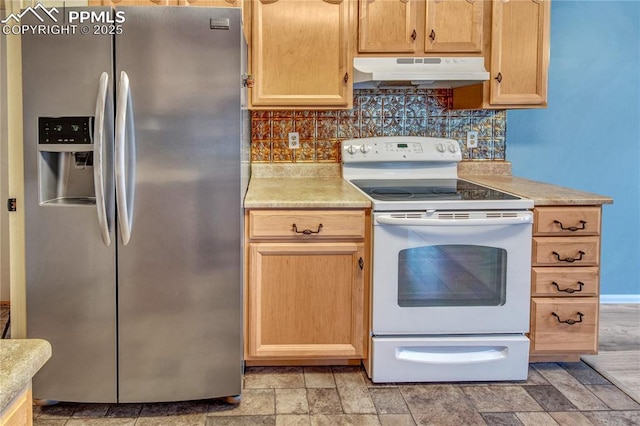 kitchen featuring light brown cabinetry, white electric range oven, stainless steel fridge with ice dispenser, and tasteful backsplash