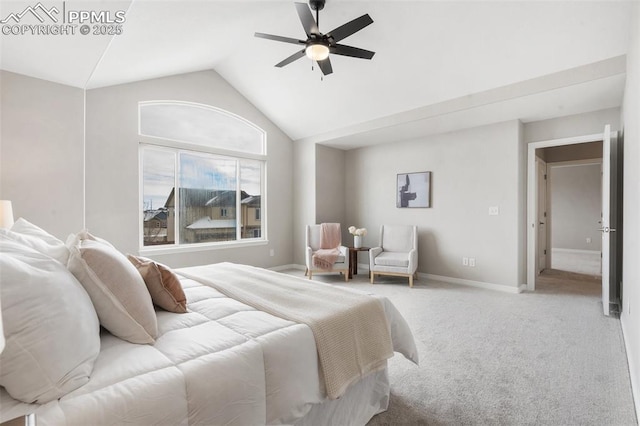 bedroom featuring ceiling fan, light colored carpet, and lofted ceiling