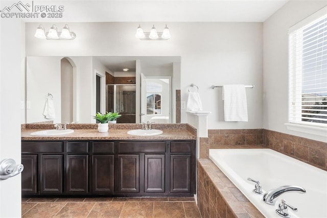 bathroom featuring vanity and separate shower and tub