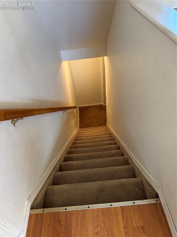 staircase with hardwood / wood-style flooring