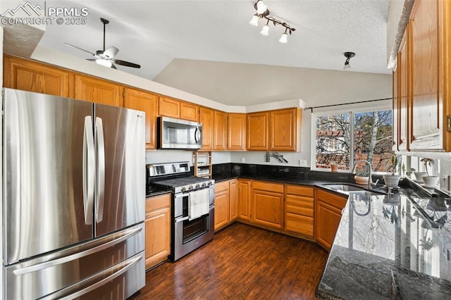 kitchen featuring lofted ceiling, dark stone countertops, sink, appliances with stainless steel finishes, and dark hardwood / wood-style flooring