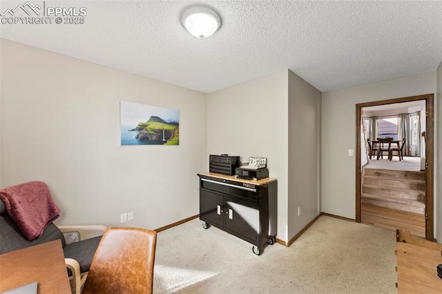 carpeted office with a textured ceiling