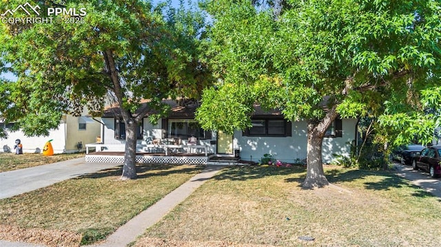 view of property hidden behind natural elements with a front lawn and a deck