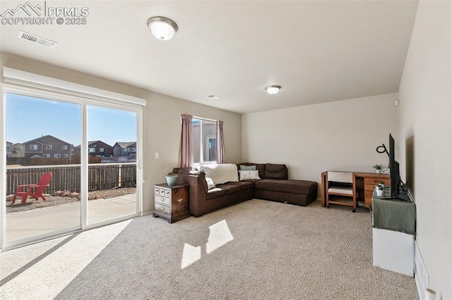 carpeted living area with visible vents