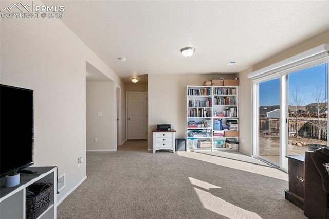 interior space with carpet, visible vents, and baseboards