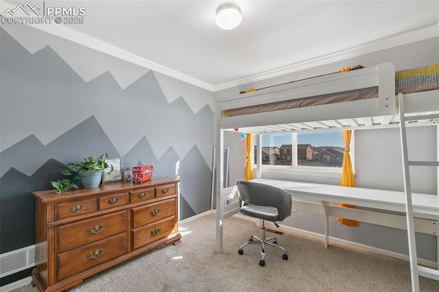 bedroom with carpet floors, an accent wall, baseboards, ornamental molding, and wallpapered walls