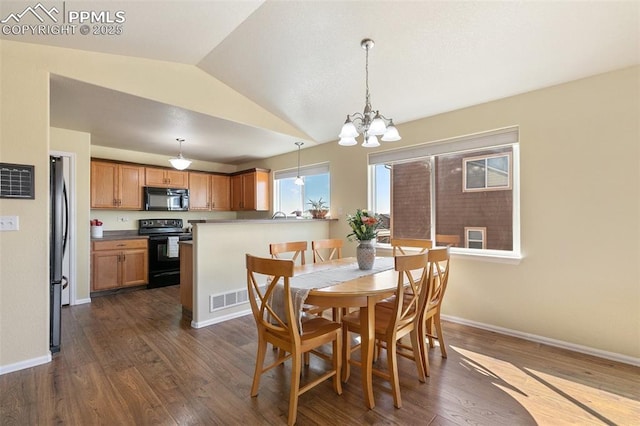 dining space featuring lofted ceiling, baseboards, visible vents, and dark wood-type flooring