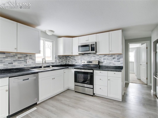 kitchen featuring sink, light wood-type flooring, white cabinets, and appliances with stainless steel finishes