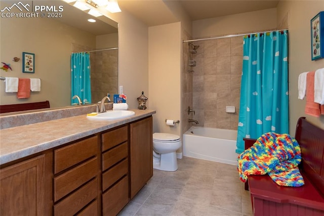 full bathroom with shower / bath combo with shower curtain, toilet, and vanity