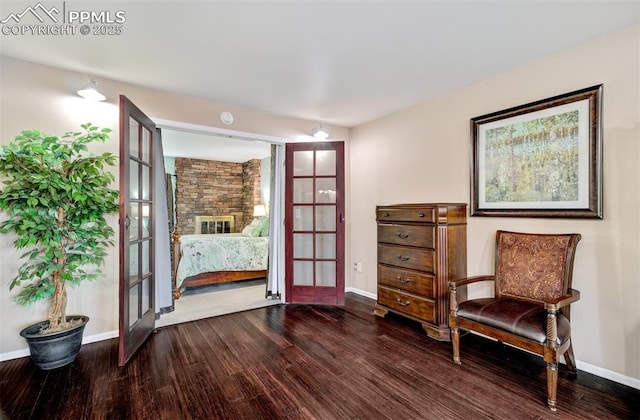 living area featuring dark wood-type flooring and a stone fireplace