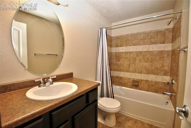 full bathroom featuring vanity, tile patterned floors, shower / bath combination with curtain, and toilet