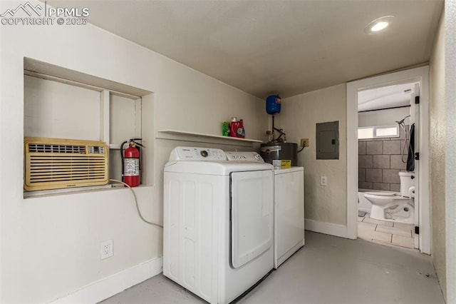 laundry room with electric water heater, electric panel, and washer and clothes dryer