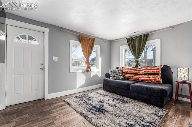 living room with dark hardwood / wood-style floors and a textured ceiling