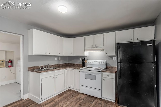 kitchen featuring white electric range, white cabinetry, sink, dark hardwood / wood-style flooring, and black fridge