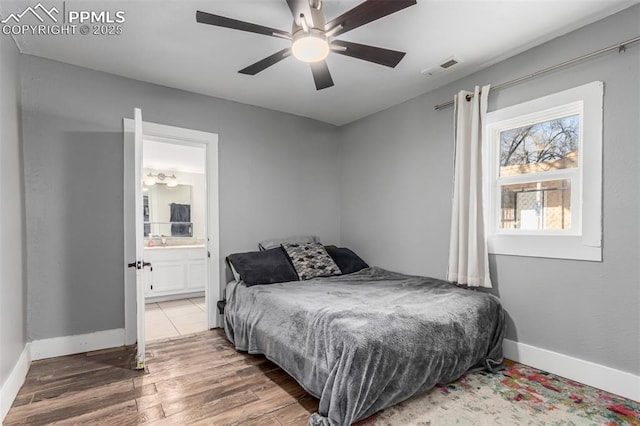 bedroom featuring ensuite bathroom, hardwood / wood-style floors, and ceiling fan