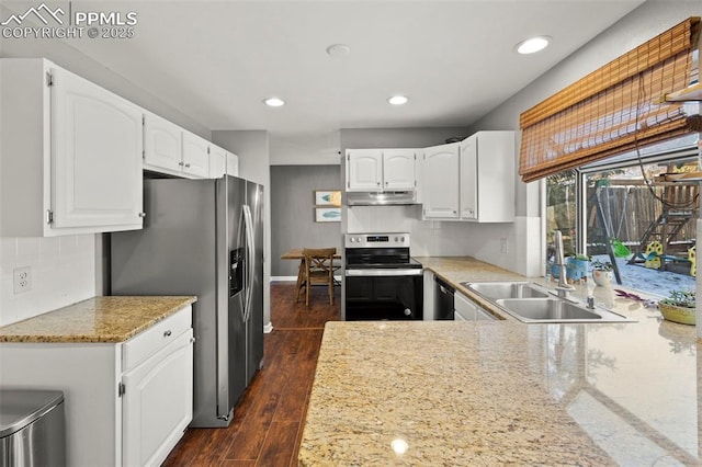 kitchen with stainless steel appliances, white cabinets, light stone counters, and sink