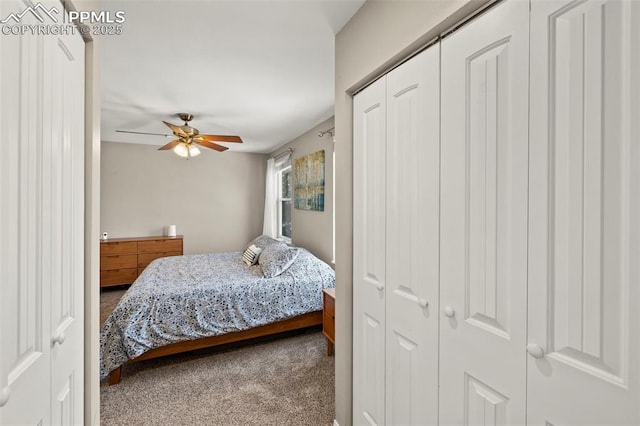 bedroom featuring ceiling fan and carpet floors