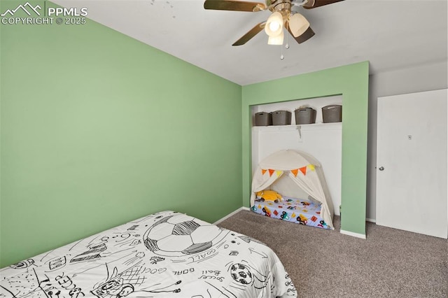 bedroom with ceiling fan and carpet