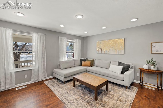 living room with dark wood-type flooring