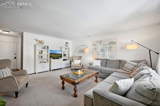 living room featuring a textured ceiling and carpet flooring