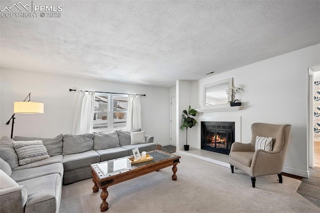 living room with a textured ceiling