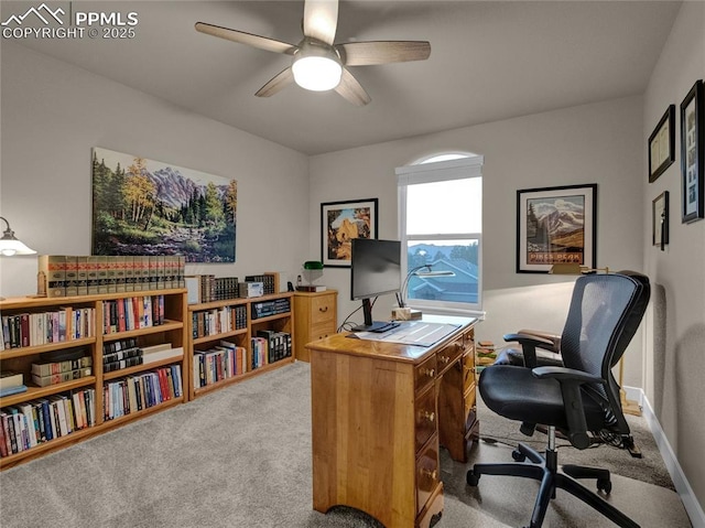 office with ceiling fan and light carpet