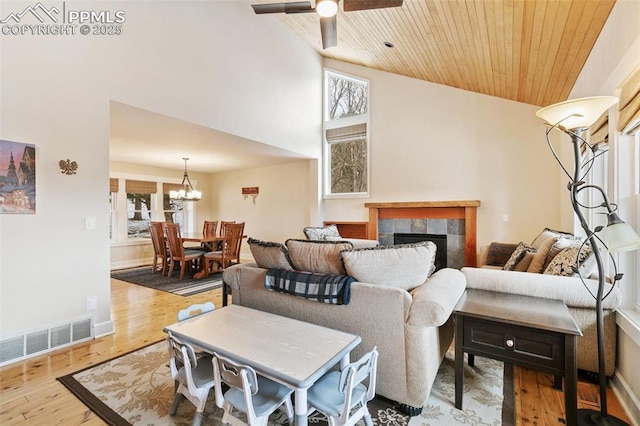 living room with a fireplace, wooden ceiling, light hardwood / wood-style floors, and a healthy amount of sunlight