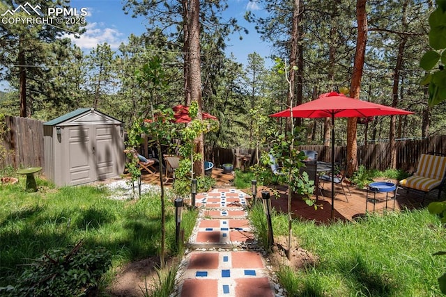 view of yard with a deck and a storage shed