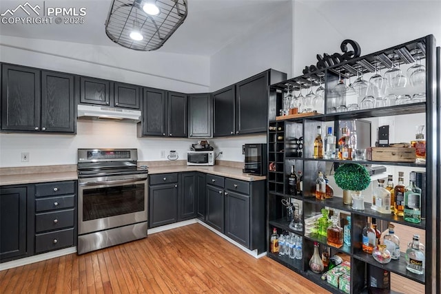 kitchen with light hardwood / wood-style floors and appliances with stainless steel finishes