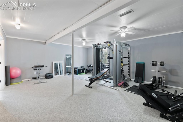 workout area with ceiling fan