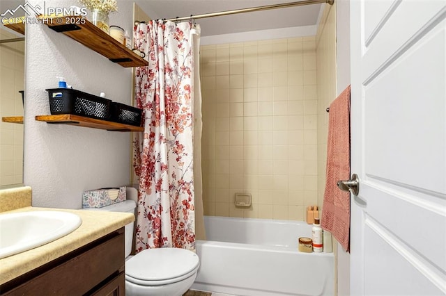 full bathroom featuring vanity, shower / tub combo, and toilet