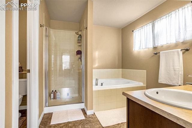 full bathroom featuring vanity, toilet, tile patterned flooring, and plus walk in shower