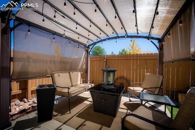 view of patio with an outdoor living space and a pergola