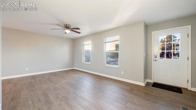 entryway featuring ceiling fan and dark hardwood / wood-style flooring