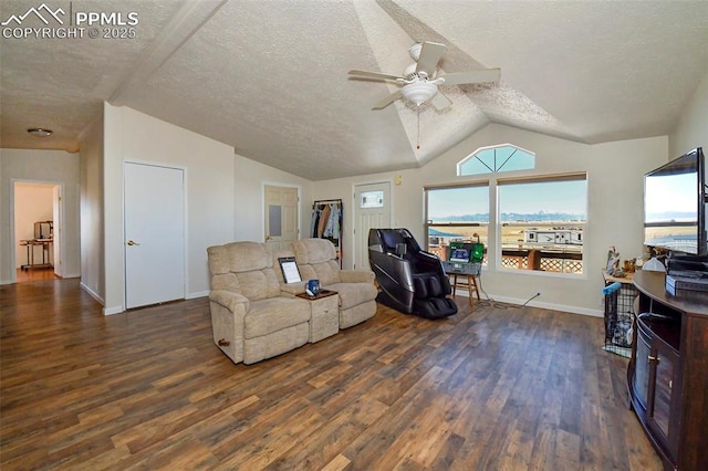 living room featuring ceiling fan, lofted ceiling, dark hardwood / wood-style flooring, and a textured ceiling