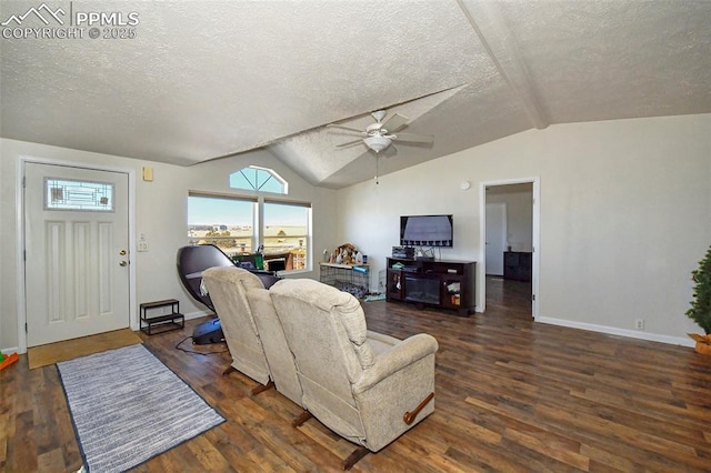 living room featuring lofted ceiling, dark hardwood / wood-style floors, and a textured ceiling