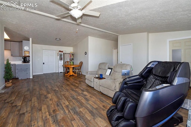 living room with ceiling fan, dark hardwood / wood-style floors, and a textured ceiling