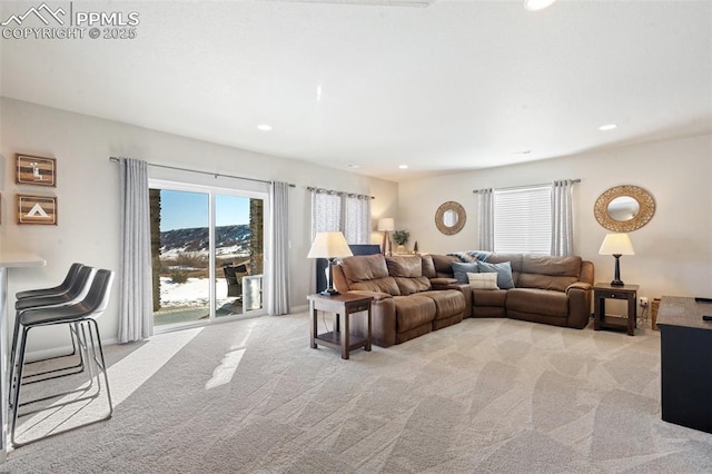 carpeted living room featuring a mountain view and a healthy amount of sunlight