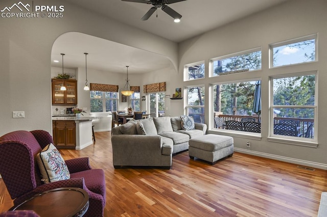 living room with light hardwood / wood-style floors and ceiling fan