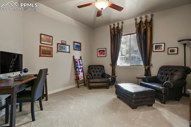 office area with ceiling fan and carpet floors