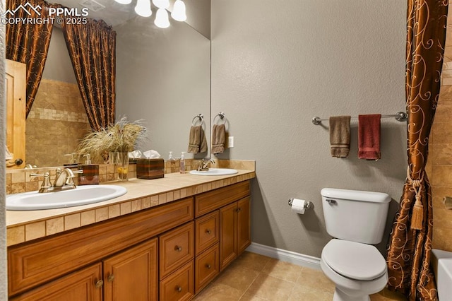 full bathroom featuring toilet, tile patterned flooring, shower / bath combination with curtain, and vanity