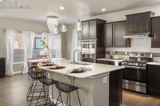 kitchen with appliances with stainless steel finishes, hardwood / wood-style flooring, hanging light fixtures, sink, and an island with sink