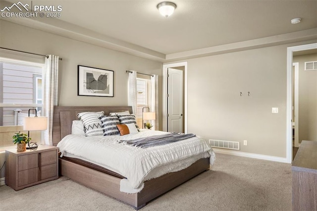 bedroom with light colored carpet