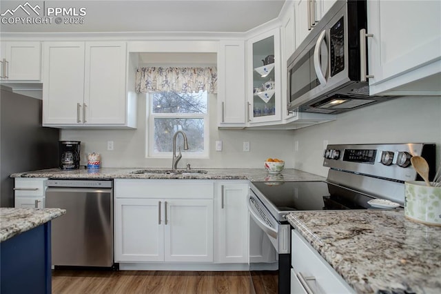 kitchen with glass insert cabinets, light stone countertops, stainless steel appliances, white cabinetry, and a sink