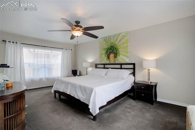 bedroom with carpet, baseboards, and a ceiling fan