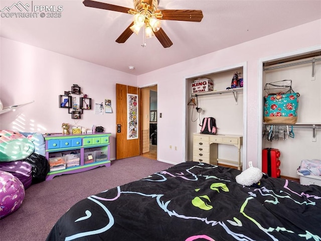 carpeted bedroom featuring ceiling fan and a closet