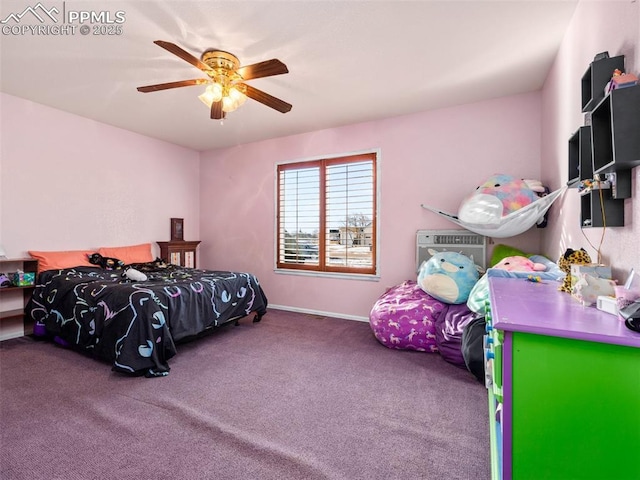 bedroom featuring ceiling fan and carpet