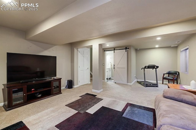 carpeted living room with a barn door